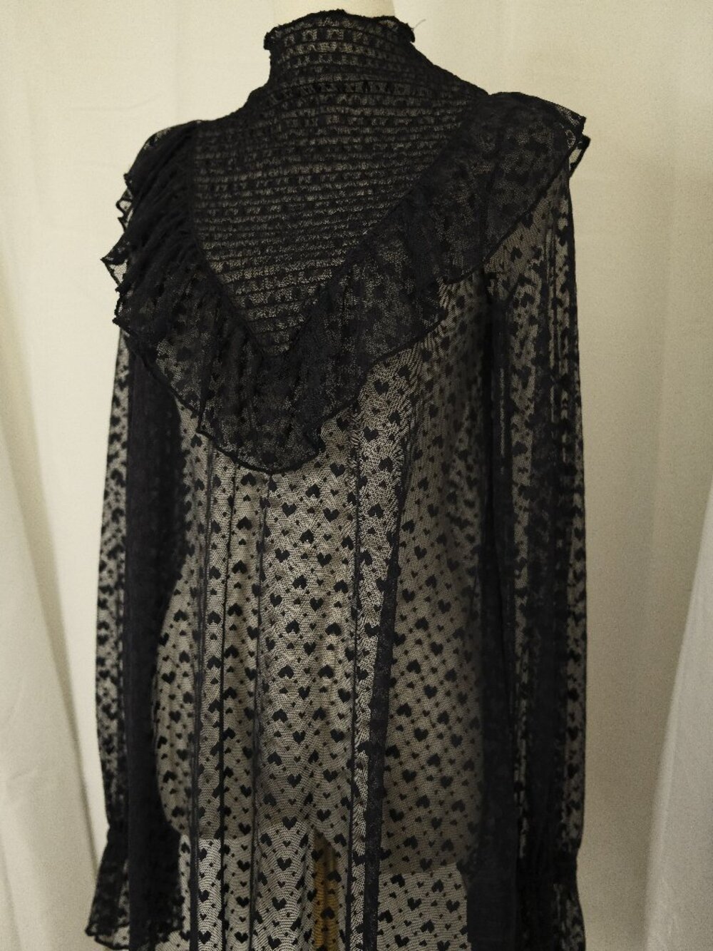Maeve by Anthropologie Sheer Heart Ruffle Mock-Neck Blouse — Black — XS